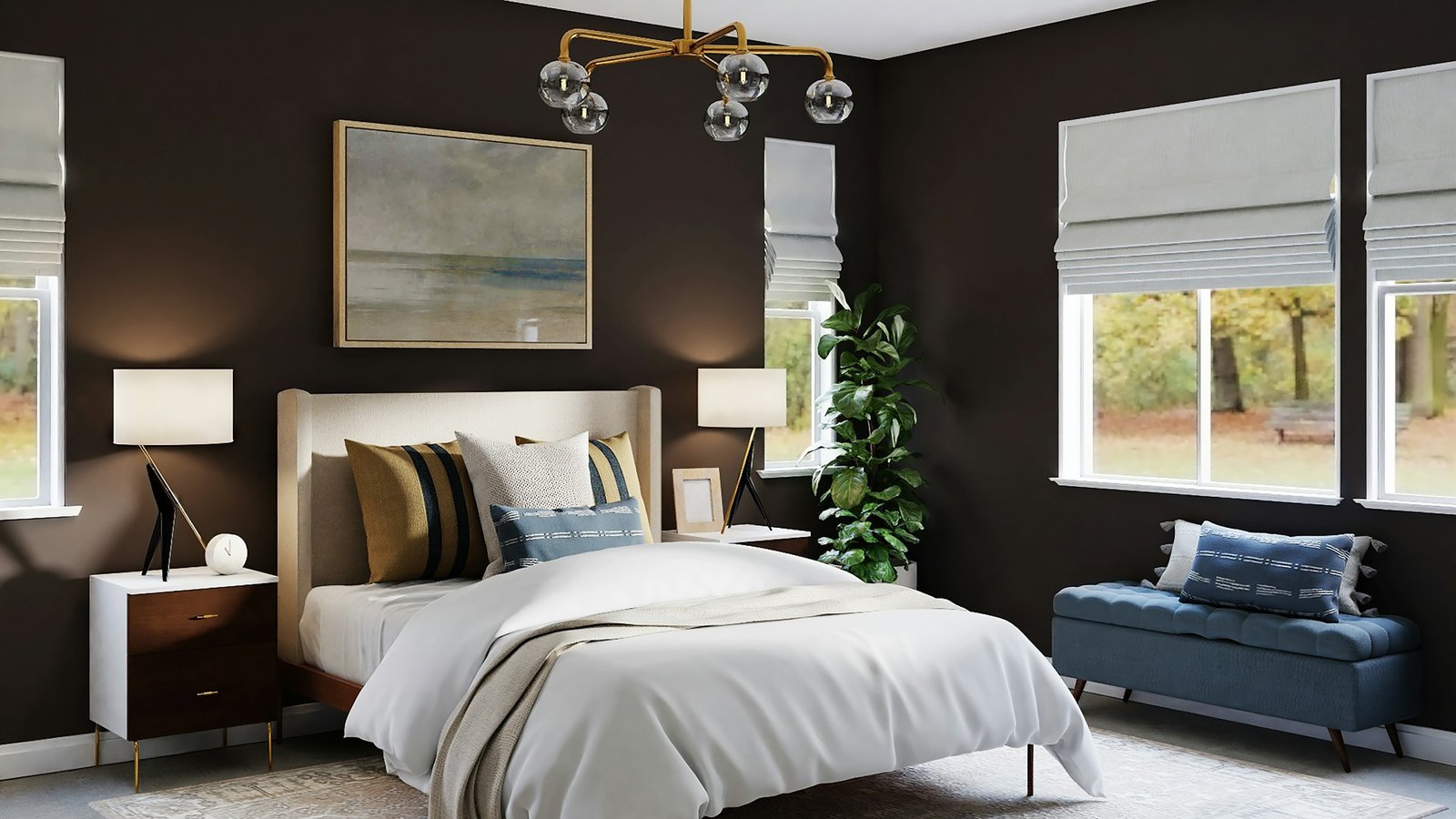 modern bedroom with brown walls