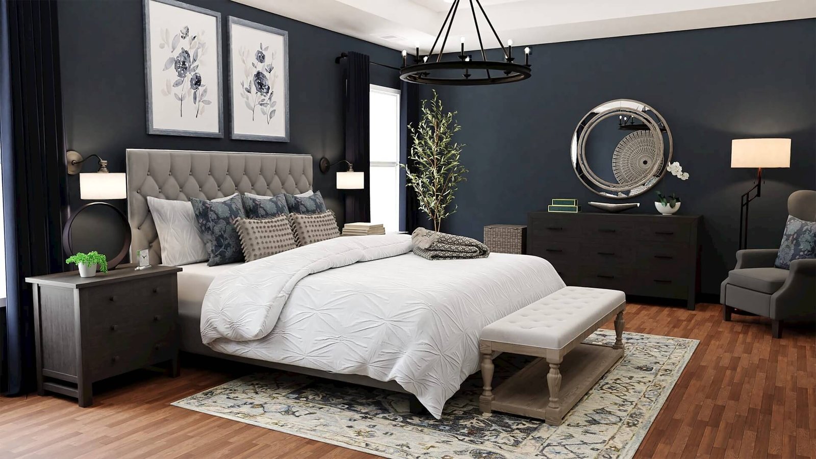 bedroom with dark walls and white bedding