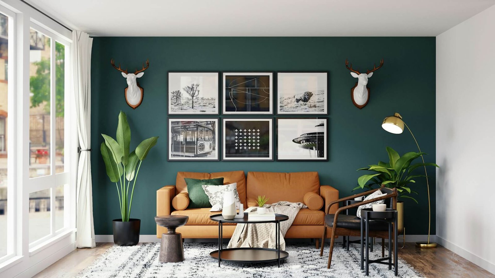 living room with orange sofa, plants, and teal paint