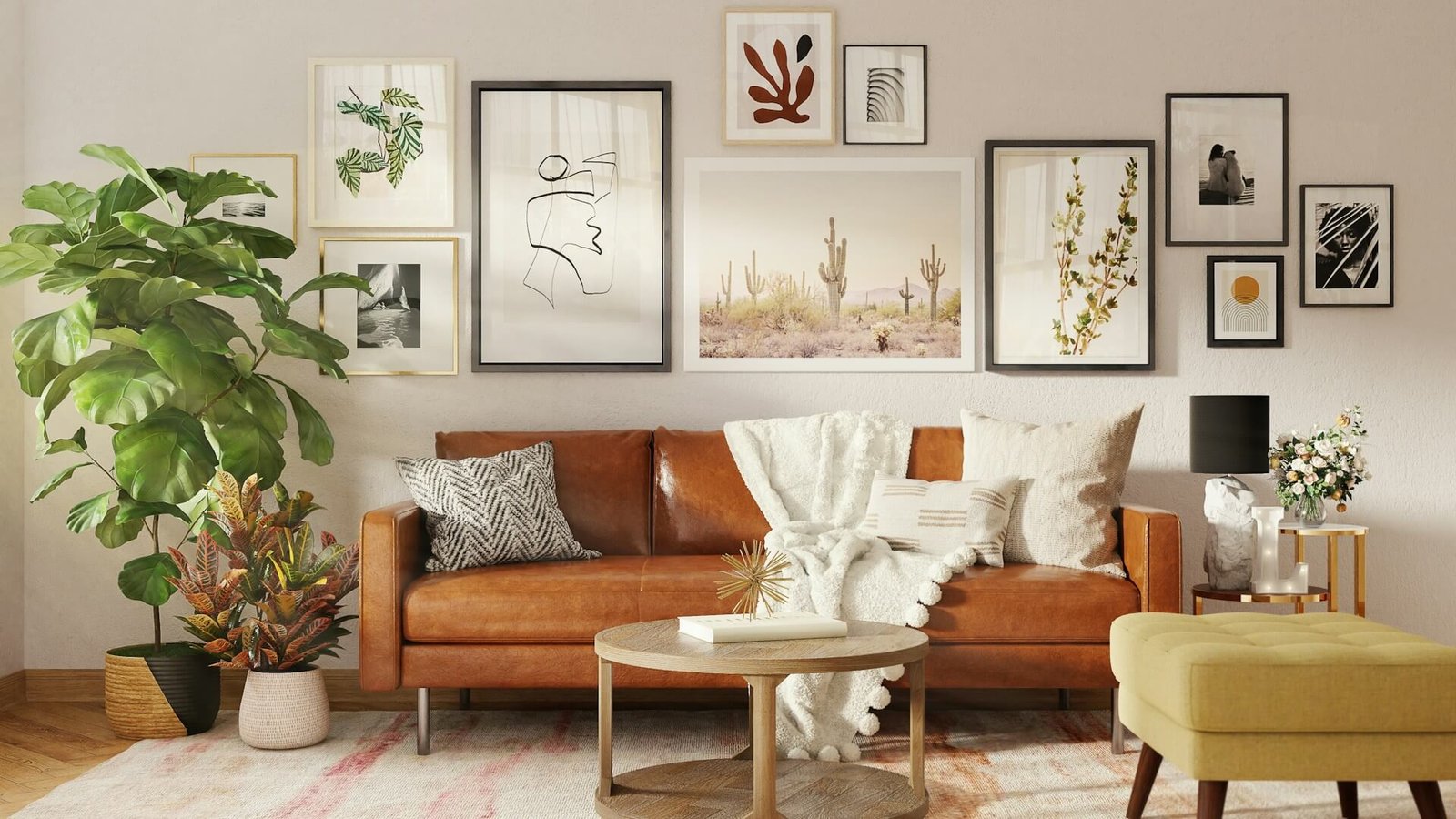 living room with orange leather sofa, coffee table, and lots of pictures on the wall