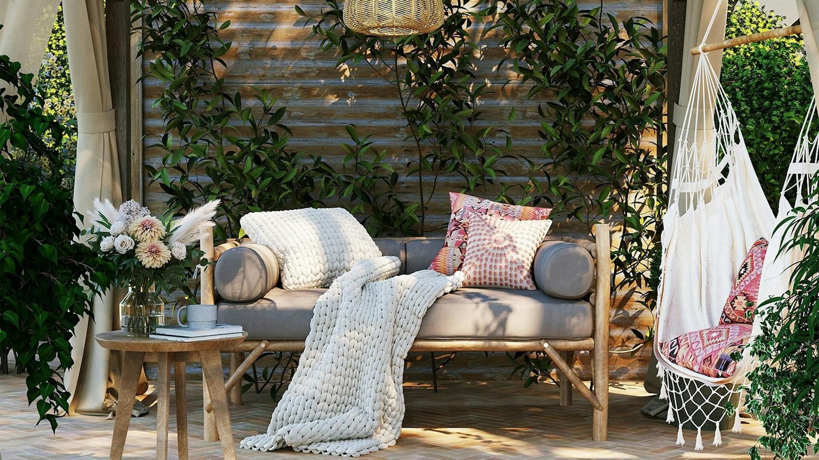 outdoor bench with cushions and blanket surrounded by overgrown plants
