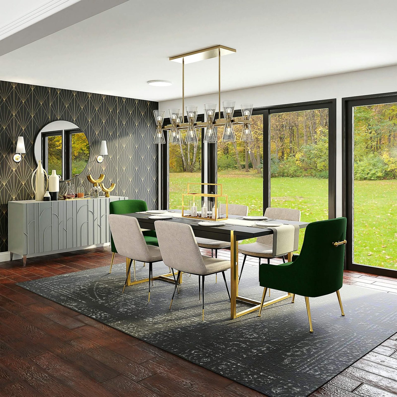 modern dining room with console table and mirror