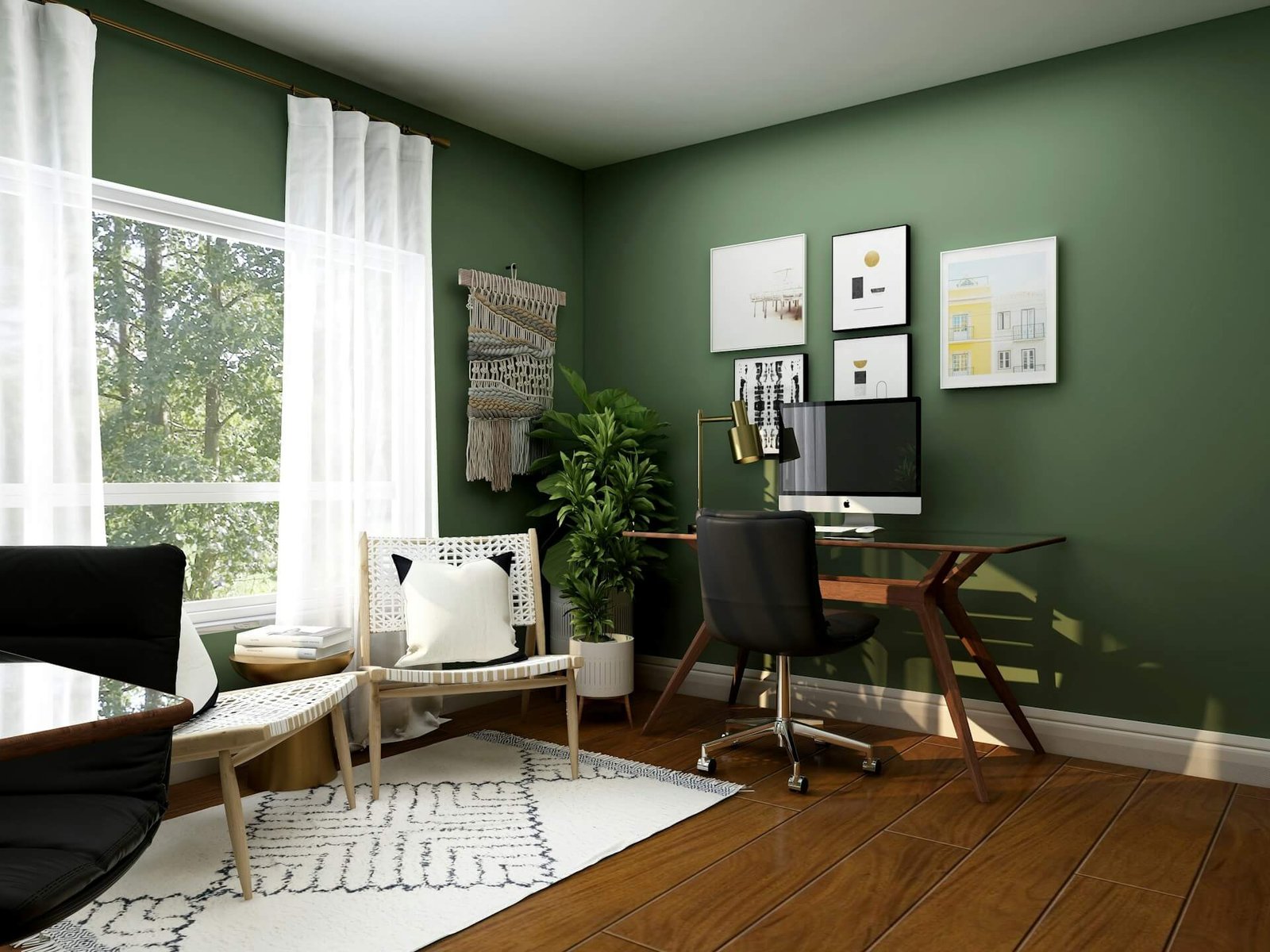 green home office with wood floors